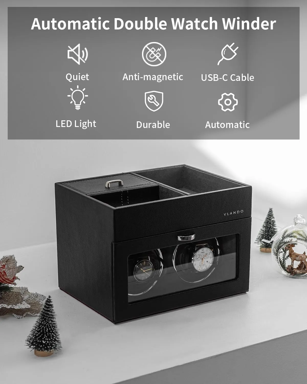 Vlando Automatic Double Watch Winder for Fathers Day Gift - Watch Winder Box with Jewelry Organizer Tray for Men Husband Dad, Japanese Quiet Motor, LED Light, Adjustable Watch Pillows - Black