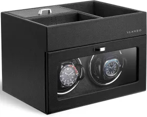 Vlando Automatic Double Watch Winder for Fathers Day Gift - Watch Winder Box with Jewelry Organizer Tray for Men Husband Dad, Japanese Quiet Motor, LED Light, Adjustable Watch Pillows - Black