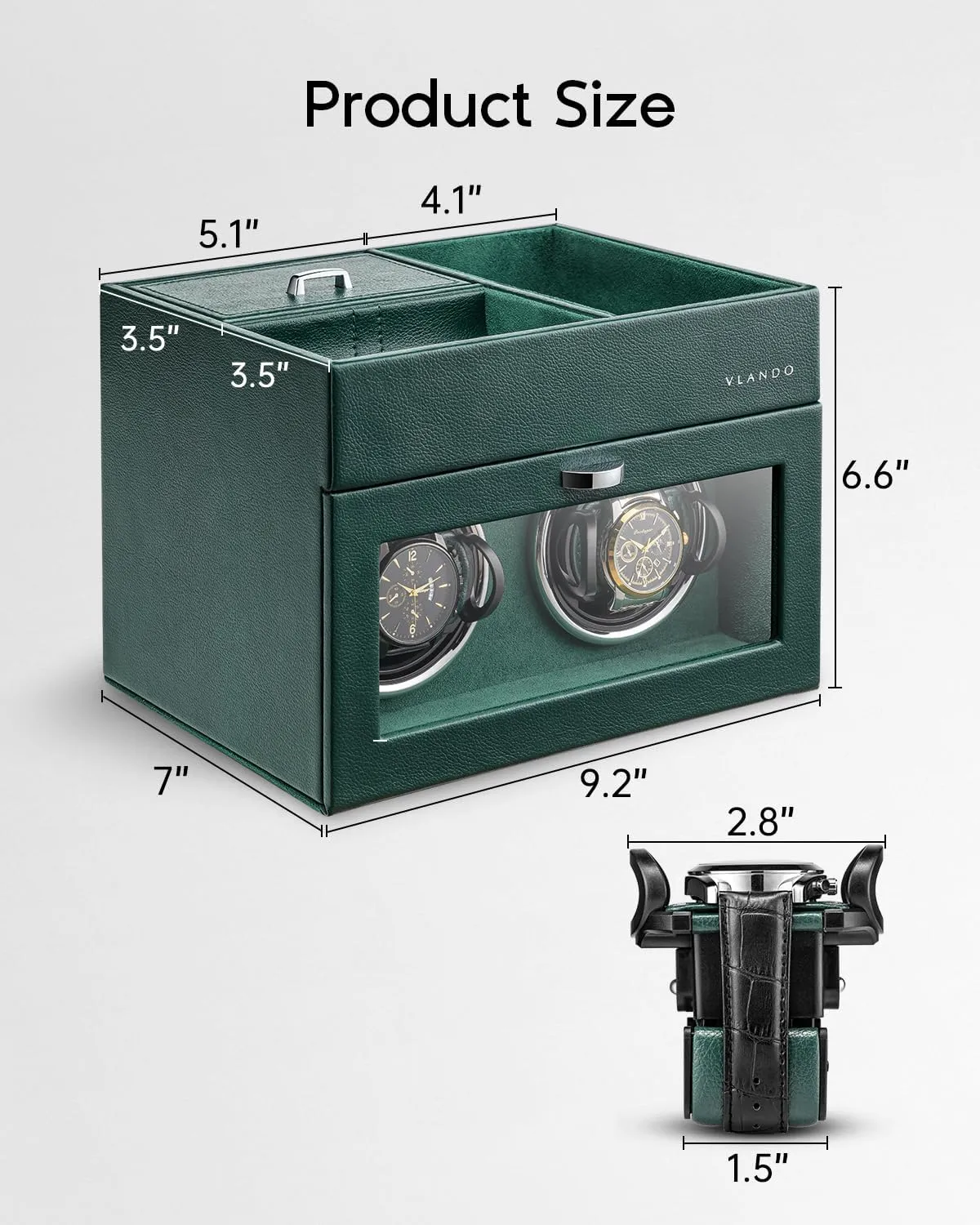 Vlando Automatic Double Watch Winder - Watch Winder Box with Men Jewelry Organizer Tray, Japanese Quiet Motor, LED Light, Adjustable Watch Pillows - Green