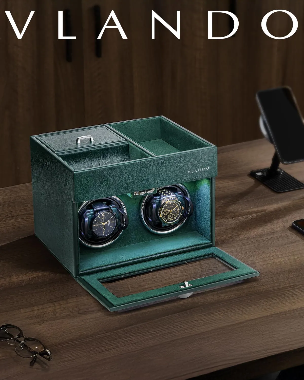 Vlando Automatic Double Watch Winder - Watch Winder Box with Men Jewelry Organizer Tray, Japanese Quiet Motor, LED Light, Adjustable Watch Pillows - Green