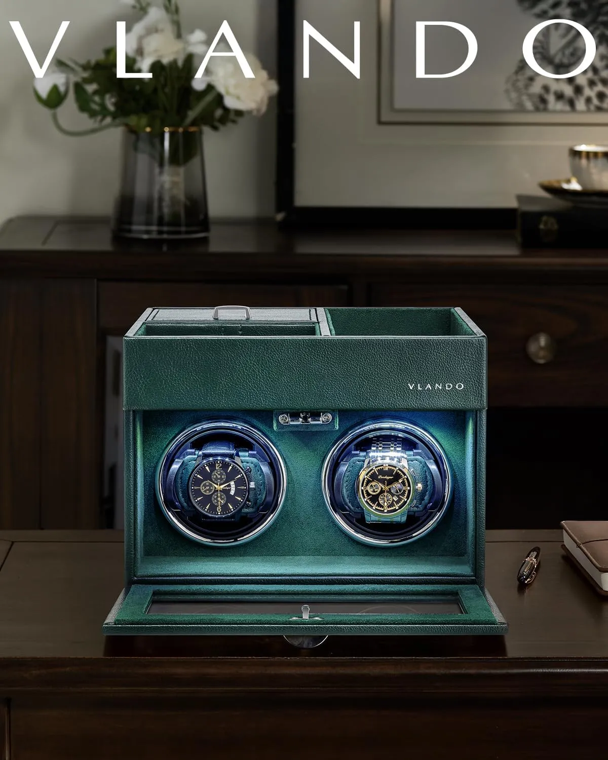 Vlando Automatic Double Watch Winder - Watch Winder Box with Men Jewelry Organizer Tray, Japanese Quiet Motor, LED Light, Adjustable Watch Pillows - Green