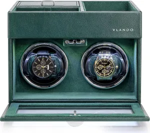 Vlando Automatic Double Watch Winder - Watch Winder Box with Men Jewelry Organizer Tray, Japanese Quiet Motor, LED Light, Adjustable Watch Pillows - Green