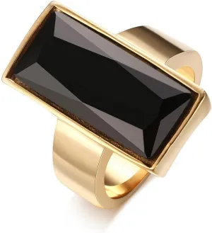 VNOX Vintage Fashion Stainless Steel Gold Plated Rectangular Black Glass Crystal Cocktail Statement Onyx Ring for Women