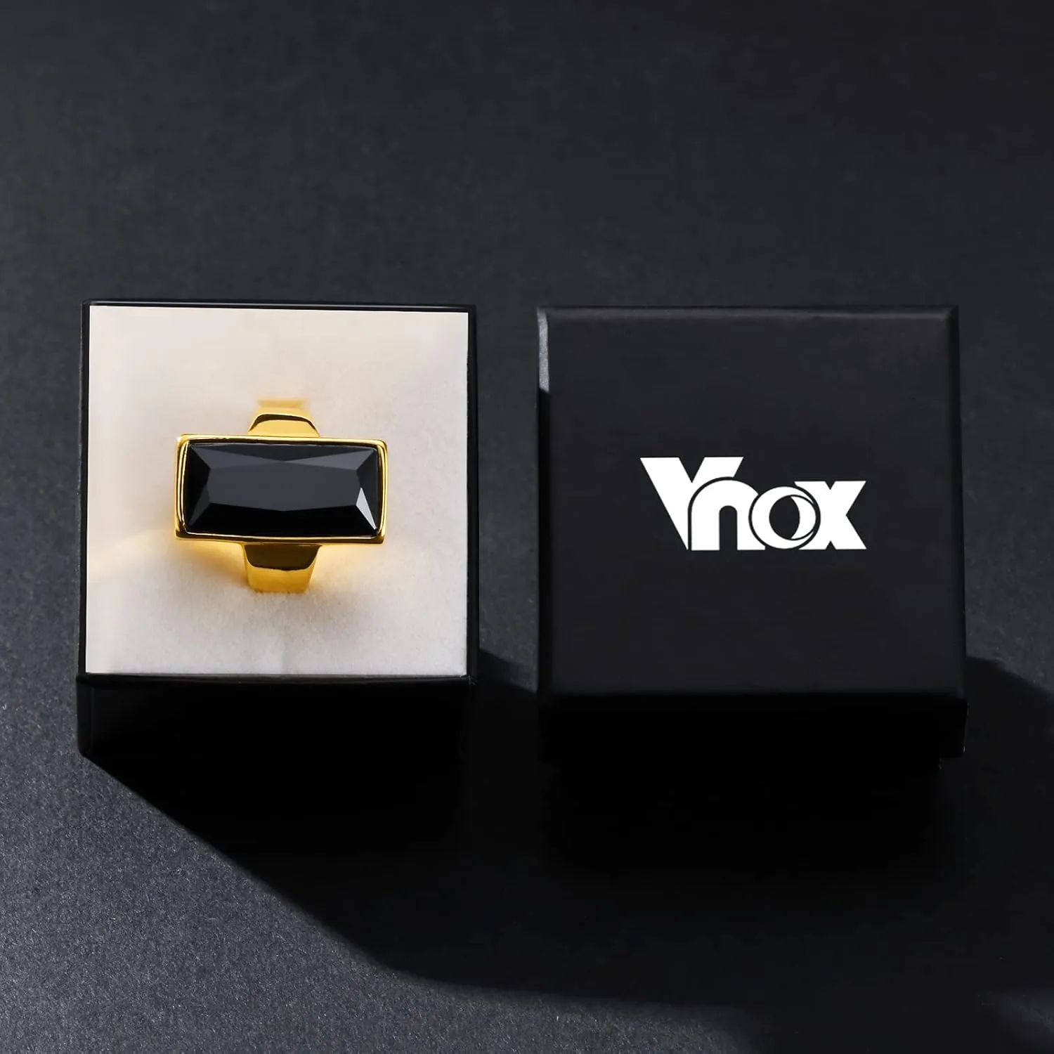 VNOX Vintage Fashion Stainless Steel Gold Plated Rectangular Black Glass Crystal Cocktail Statement Onyx Ring for Women