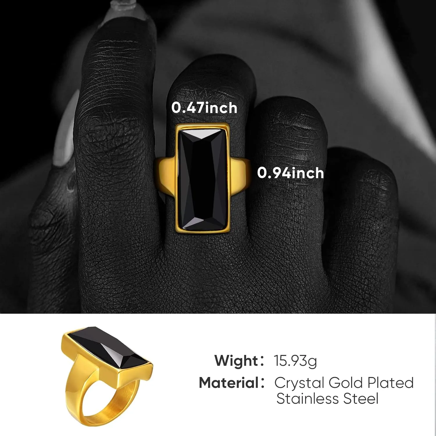 VNOX Vintage Fashion Stainless Steel Gold Plated Rectangular Black Glass Crystal Cocktail Statement Onyx Ring for Women