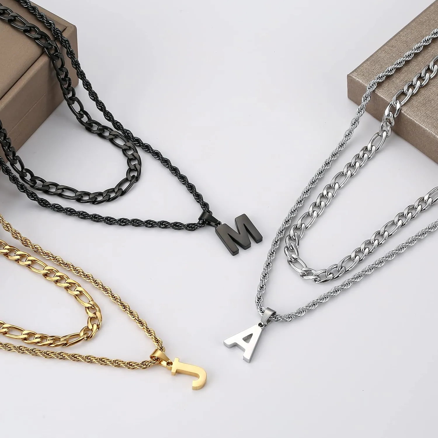 WEDDINEN Layered Initial Letter Pendant Necklace for Men Figaro Twist Rope Chain Necklace Jewelry Graduation Birthday Gift for Men Boys
