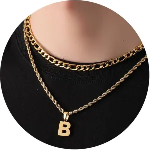 WEDDINEN Layered Initial Letter Pendant Necklace for Men Figaro Twist Rope Chain Necklace Jewelry Graduation Birthday Gift for Men Boys