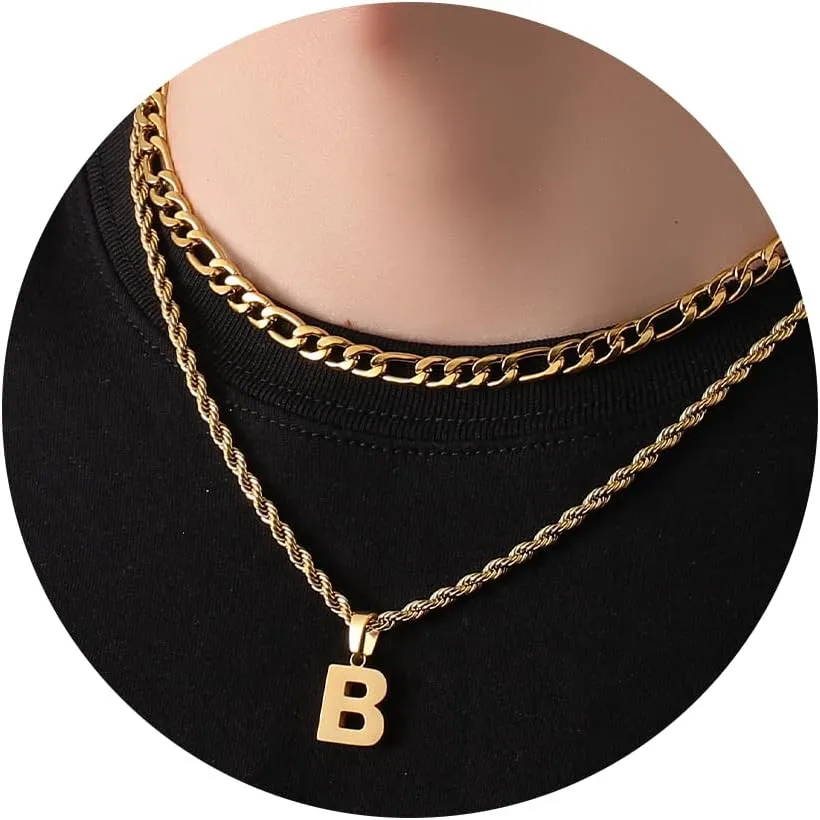 WEDDINEN Layered Initial Letter Pendant Necklace for Men Figaro Twist Rope Chain Necklace Jewelry Graduation Birthday Gift for Men Boys