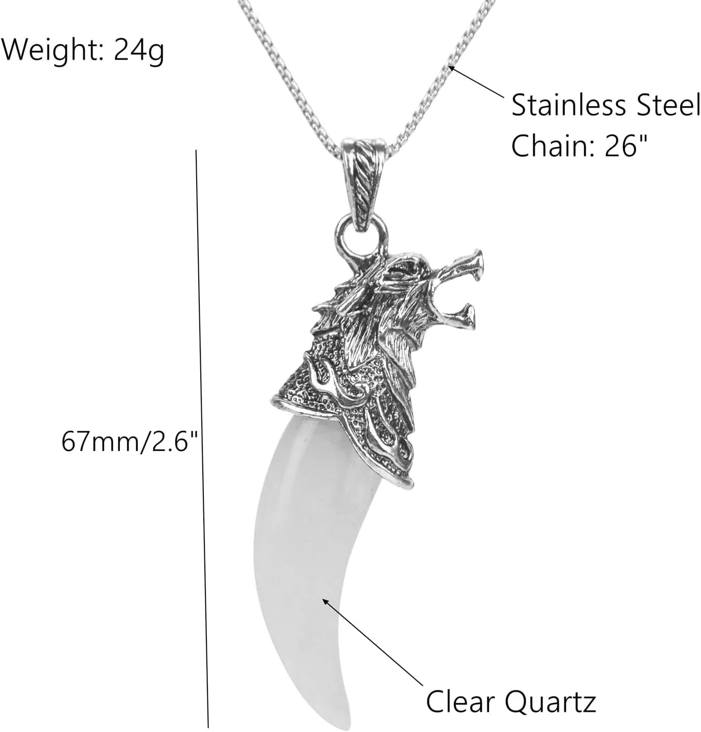 Wolf Head Necklace, Natural Amethyst Pendant, 26' Stainless Steel Chain, Viking Tribal Jewelry Gift for Men and Women