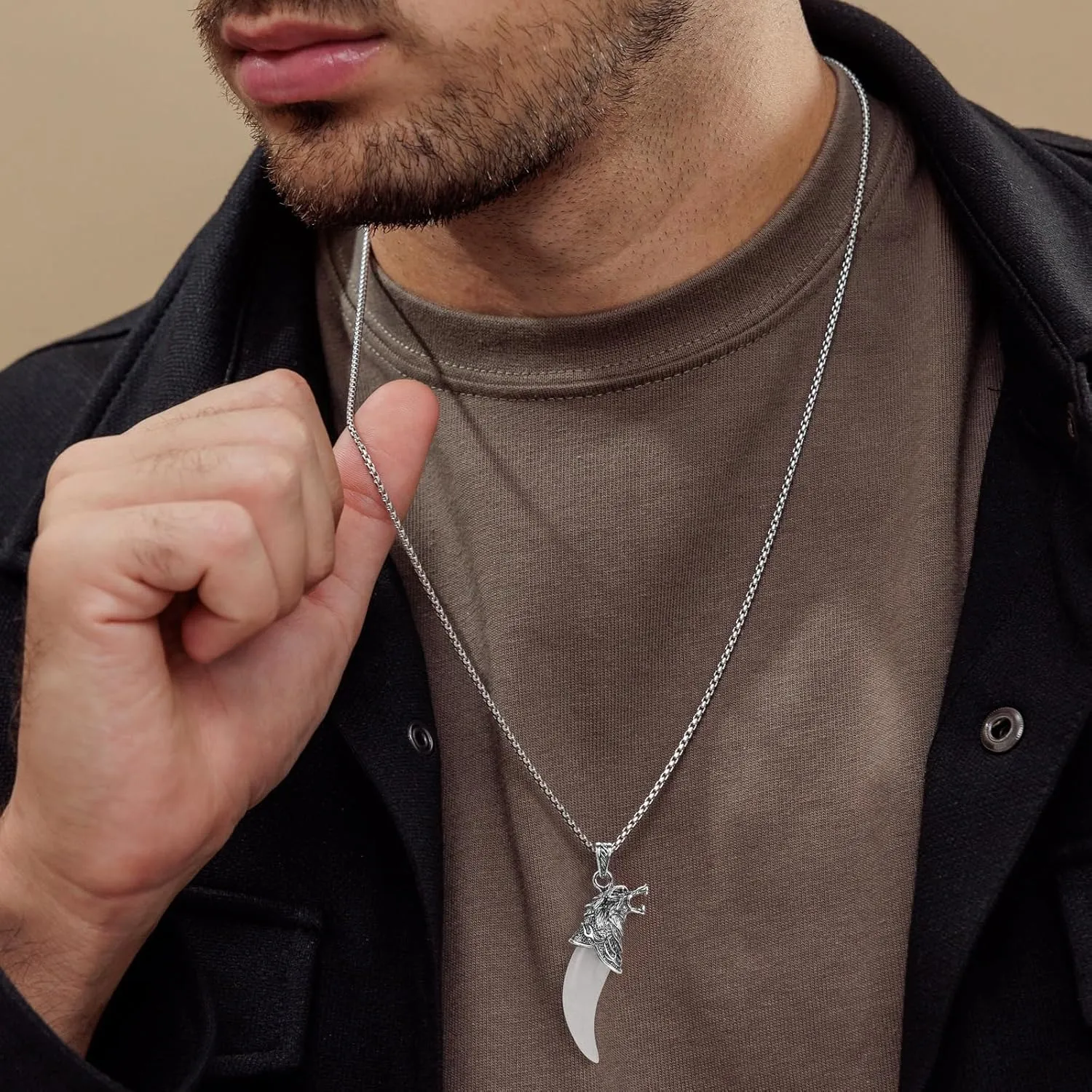 Wolf Head Necklace, Natural Amethyst Pendant, 26' Stainless Steel Chain, Viking Tribal Jewelry Gift for Men and Women