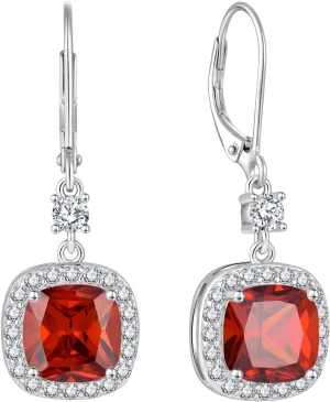 Women Leverback Earrings 925 Sterling Silver Princess Cut Halo Earrings Birthstone Dangle Drop Earrings for Women Her Mom Wife