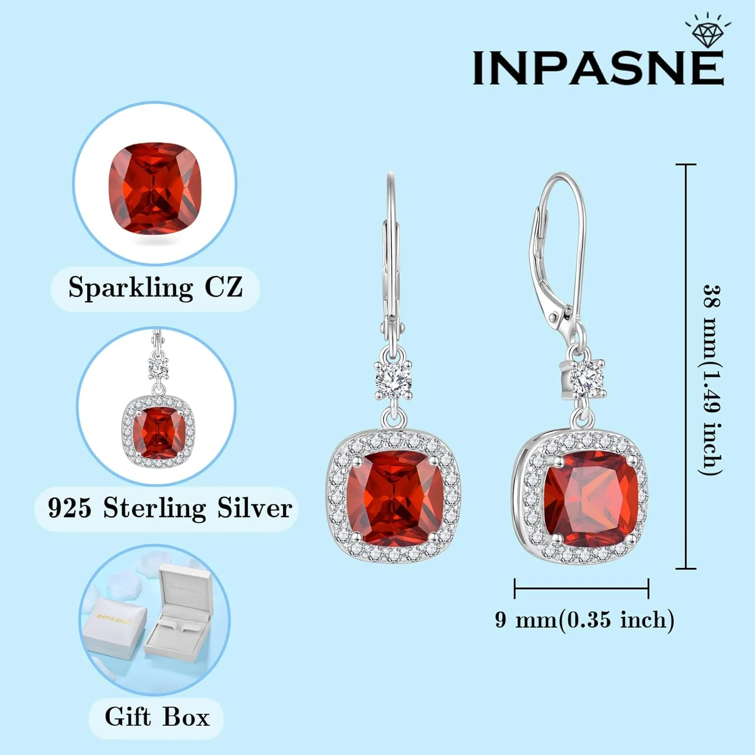 Women Leverback Earrings 925 Sterling Silver Princess Cut Halo Earrings Birthstone Dangle Drop Earrings for Women Her Mom Wife