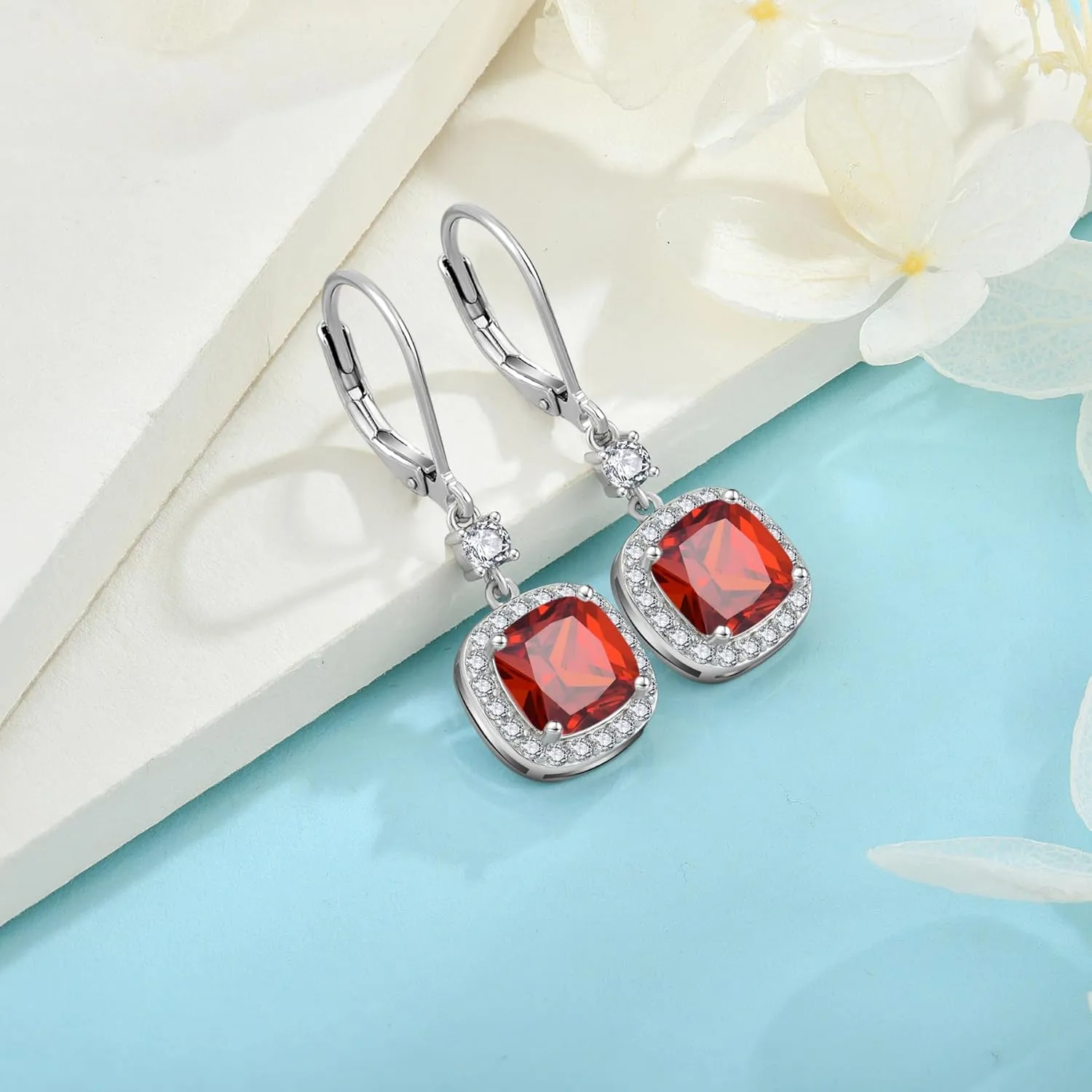 Women Leverback Earrings 925 Sterling Silver Princess Cut Halo Earrings Birthstone Dangle Drop Earrings for Women Her Mom Wife