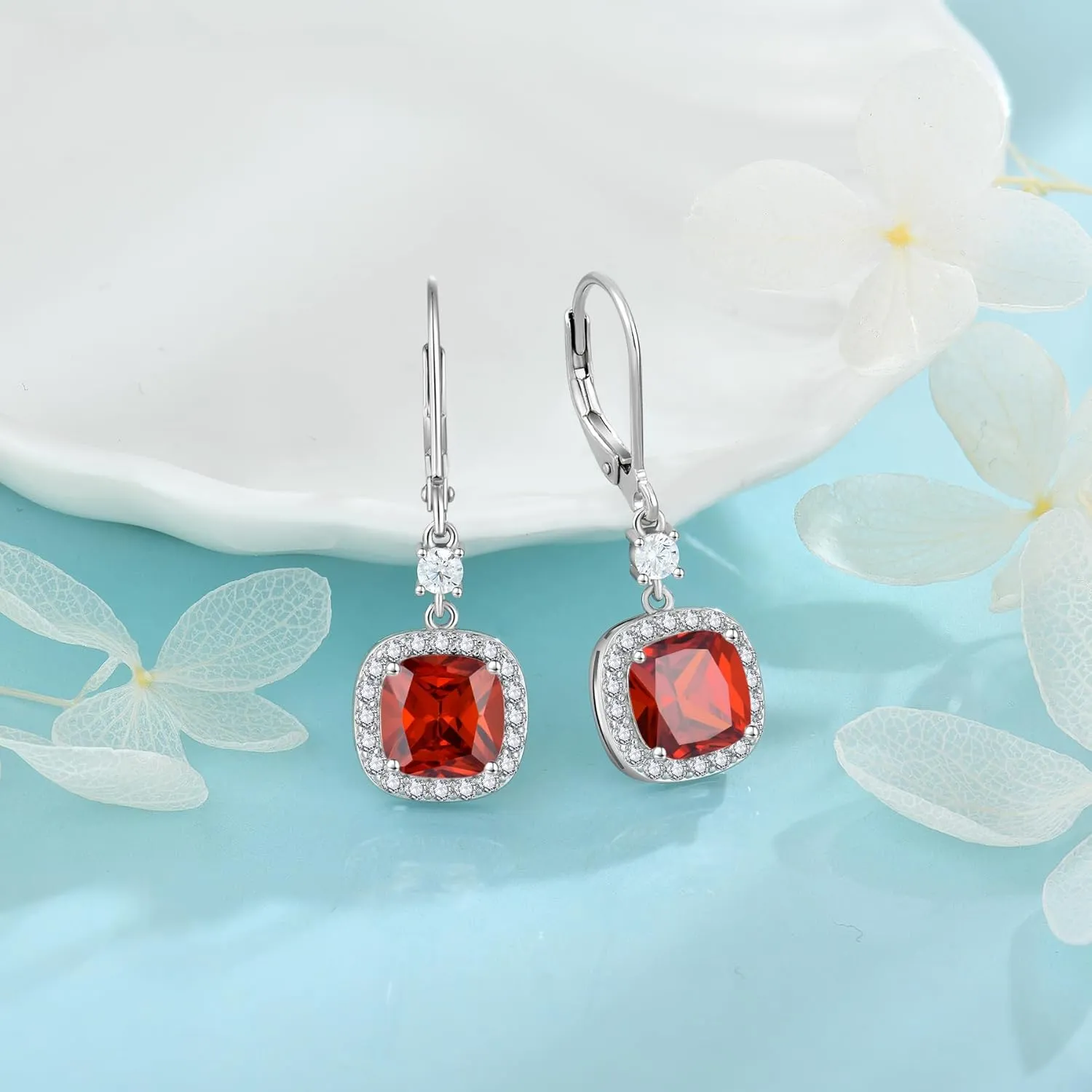 Women Leverback Earrings 925 Sterling Silver Princess Cut Halo Earrings Birthstone Dangle Drop Earrings for Women Her Mom Wife