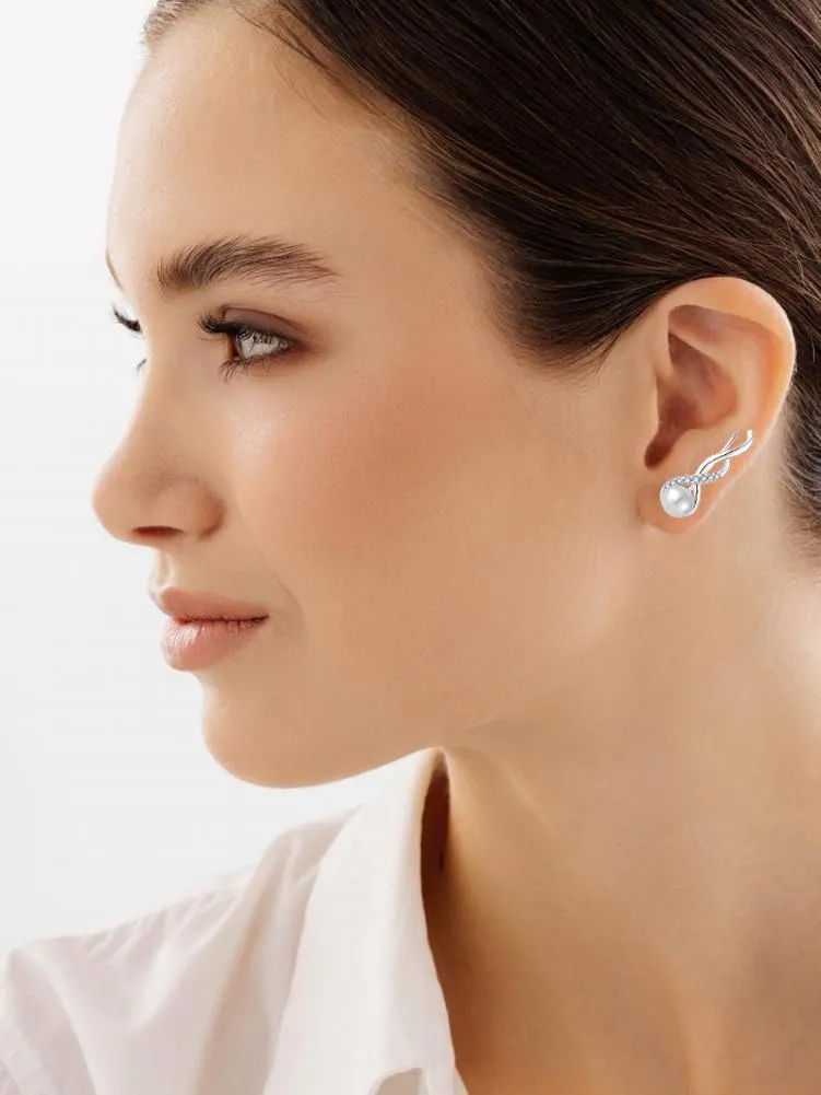 Women Pearl Earrings 925 Sterling Silver Pearl Climber crawlerEarrings Jewelry