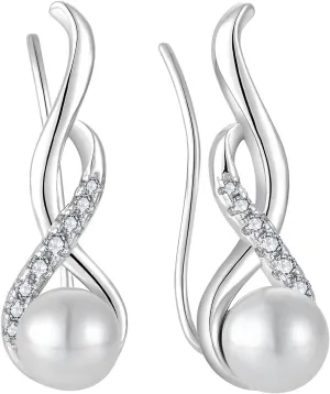 Women Pearl Earrings 925 Sterling Silver Pearl Climber crawlerEarrings Jewelry