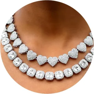Women's 18 20'' Zinc Necklace, Clustered Diamond Tennis Chain & Heart Necklace Set, Hip Hop Jewelry, Gold, Cuban Link, for Female, Gifts