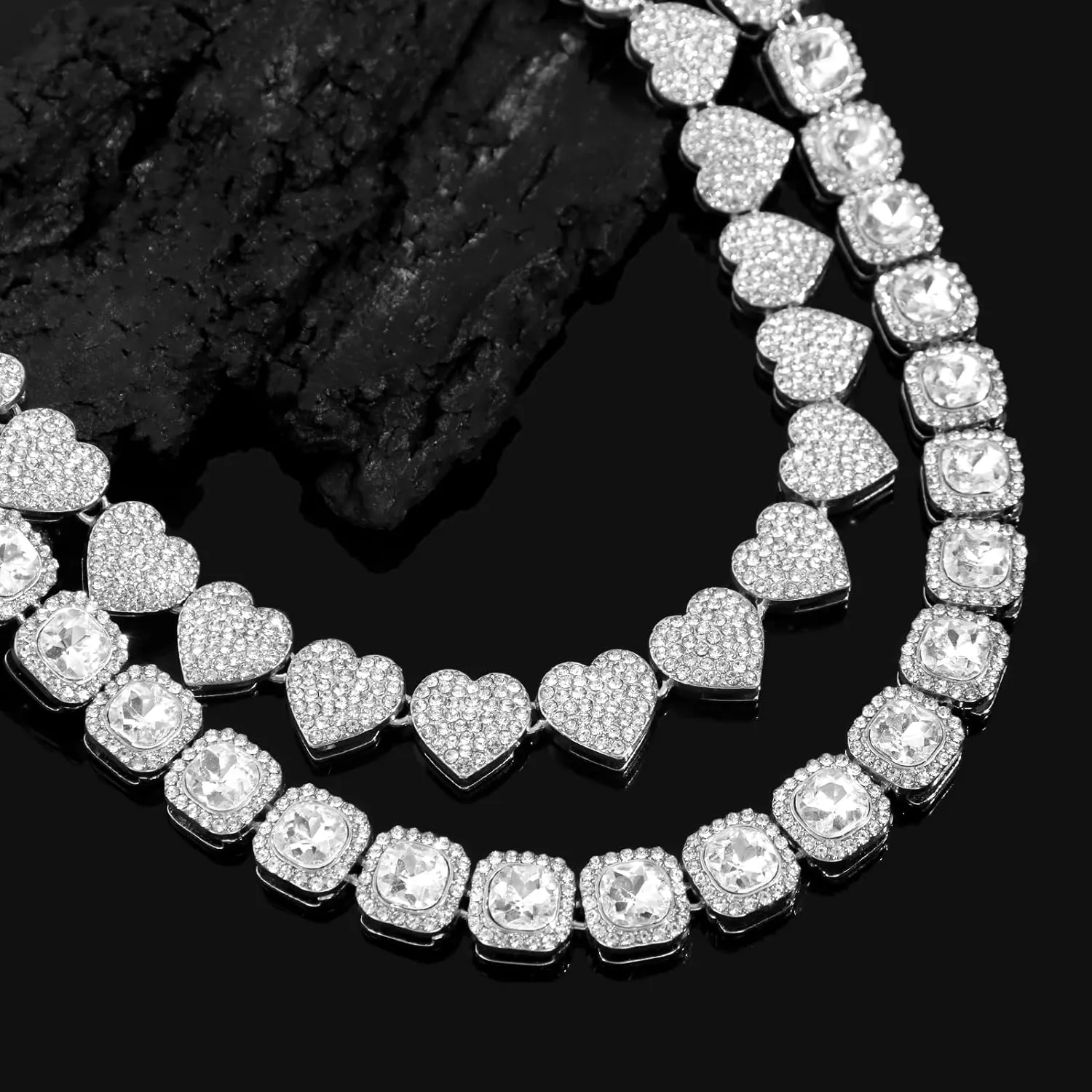 Women's 18 20'' Zinc Necklace, Clustered Diamond Tennis Chain & Heart Necklace Set, Hip Hop Jewelry, Gold, Cuban Link, for Female, Gifts