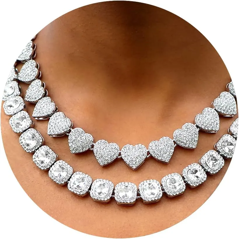 Women's 18 20'' Zinc Necklace, Clustered Diamond Tennis Chain & Heart Necklace Set, Hip Hop Jewelry, Gold, Cuban Link, for Female, Gifts