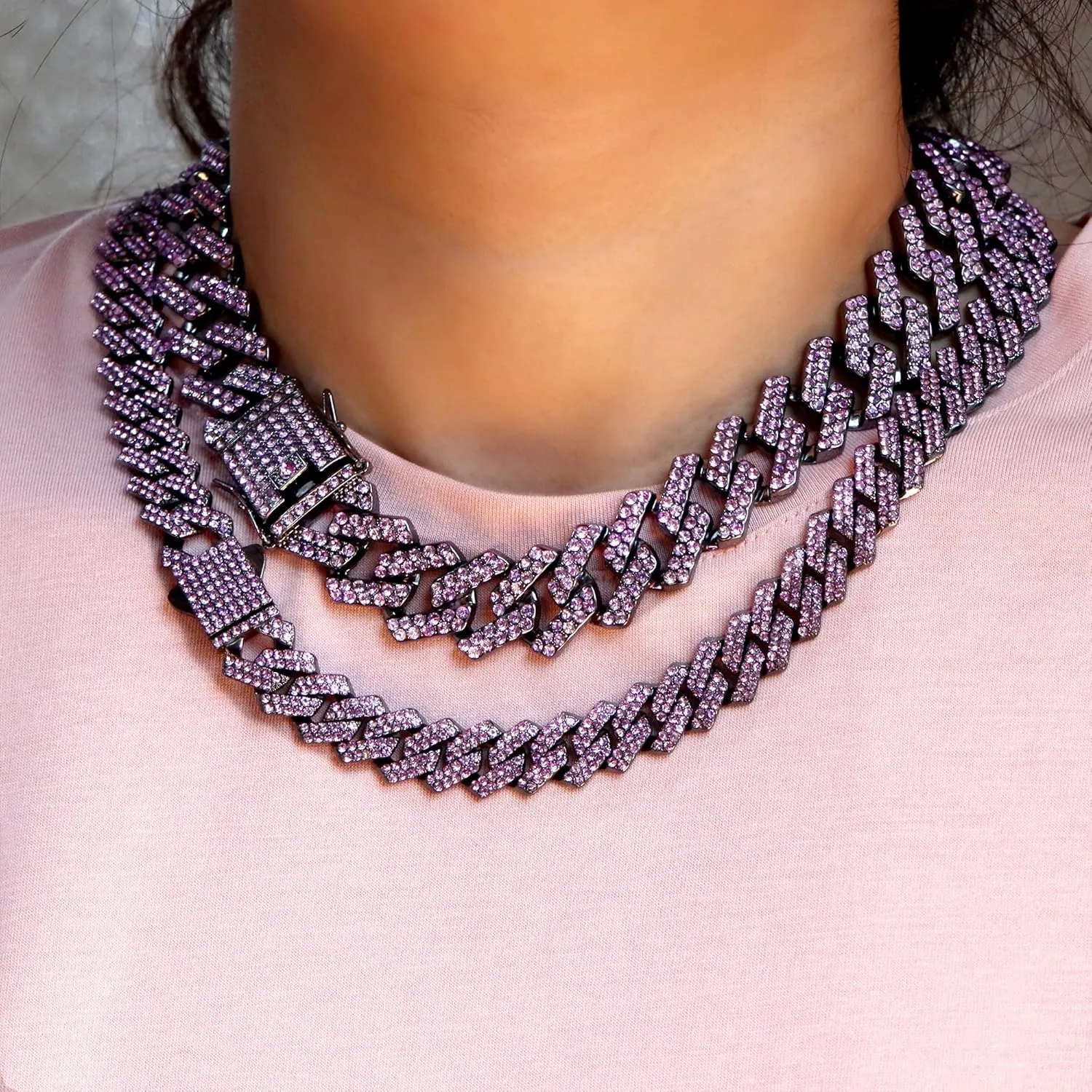Women's 18 20'' Zinc Necklace, Clustered Diamond Tennis Chain & Heart Necklace Set, Hip Hop Jewelry, Gold, Cuban Link, for Female, Gifts