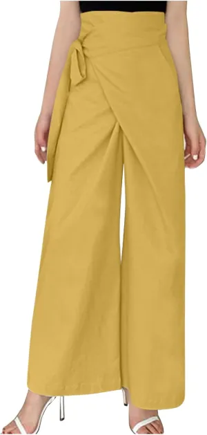 Women's Linen Wide Leg Pants High Waist Casual Long Lounge Adjustable Tie Business Casual Tie Knot Trousers Plus Size