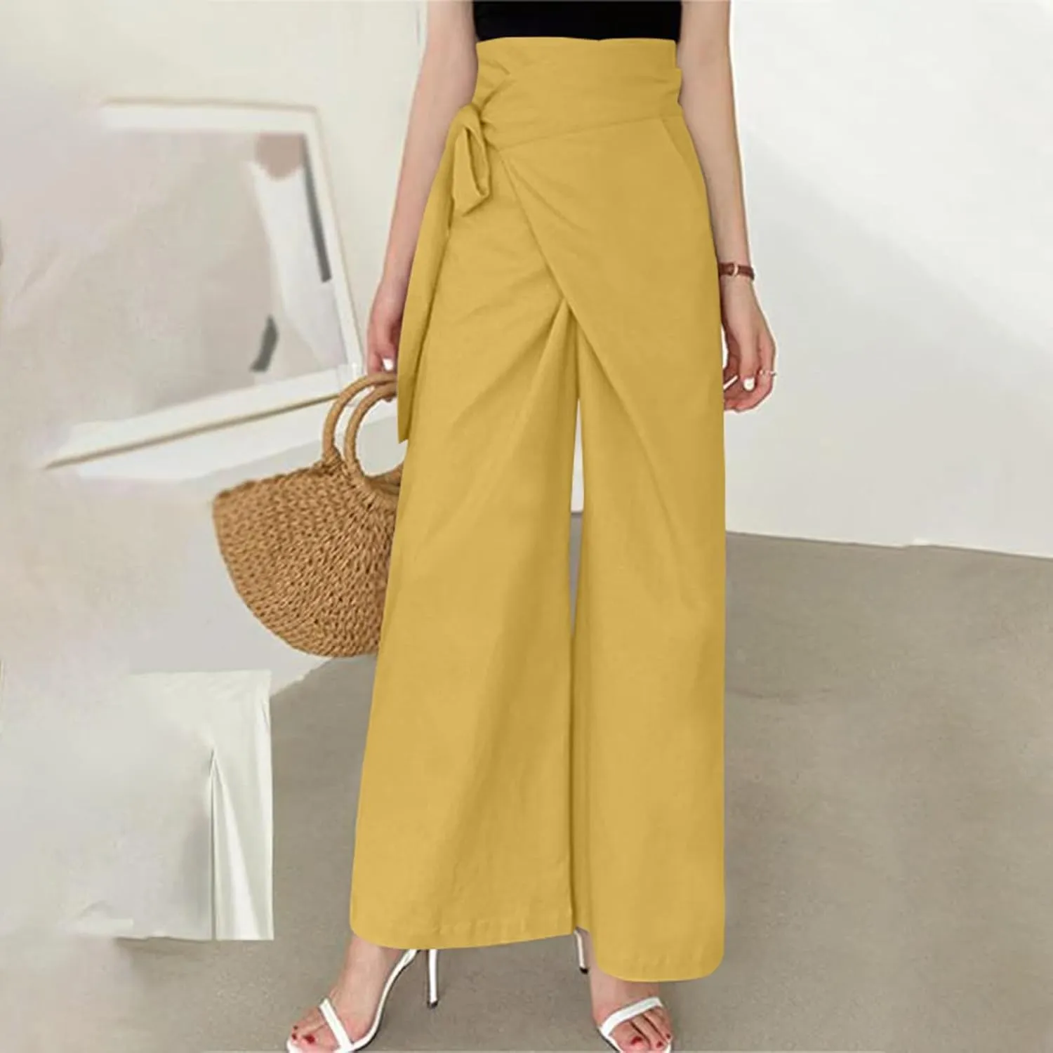 Women's Linen Wide Leg Pants High Waist Casual Long Lounge Adjustable Tie Business Casual Tie Knot Trousers Plus Size