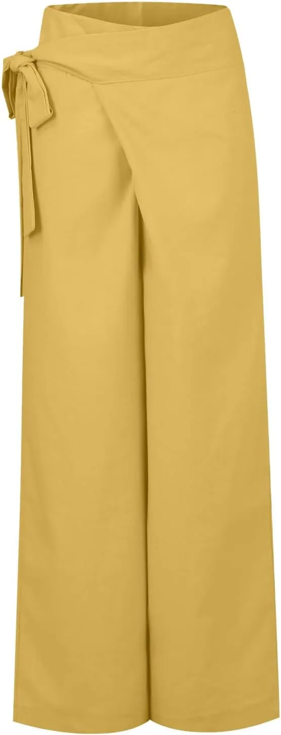 Women's Linen Wide Leg Pants High Waist Casual Long Lounge Adjustable Tie Business Casual Tie Knot Trousers Plus Size