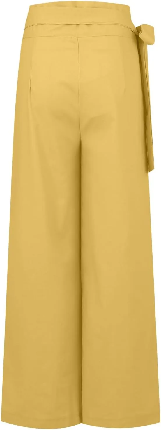 Women's Linen Wide Leg Pants High Waist Casual Long Lounge Adjustable Tie Business Casual Tie Knot Trousers Plus Size