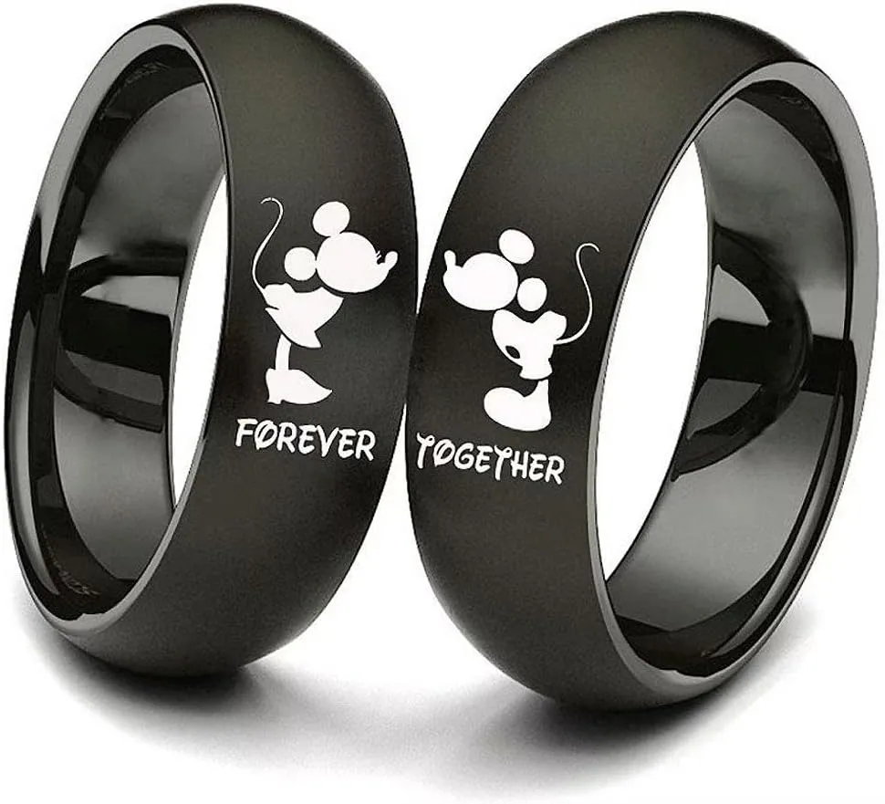 XAHH His and Hers Titanium Steel Couple Rings Mickey Mouse Kiss Forever Together Promise Wedding Band BlackPlease Buy 2 Rings as a Pair