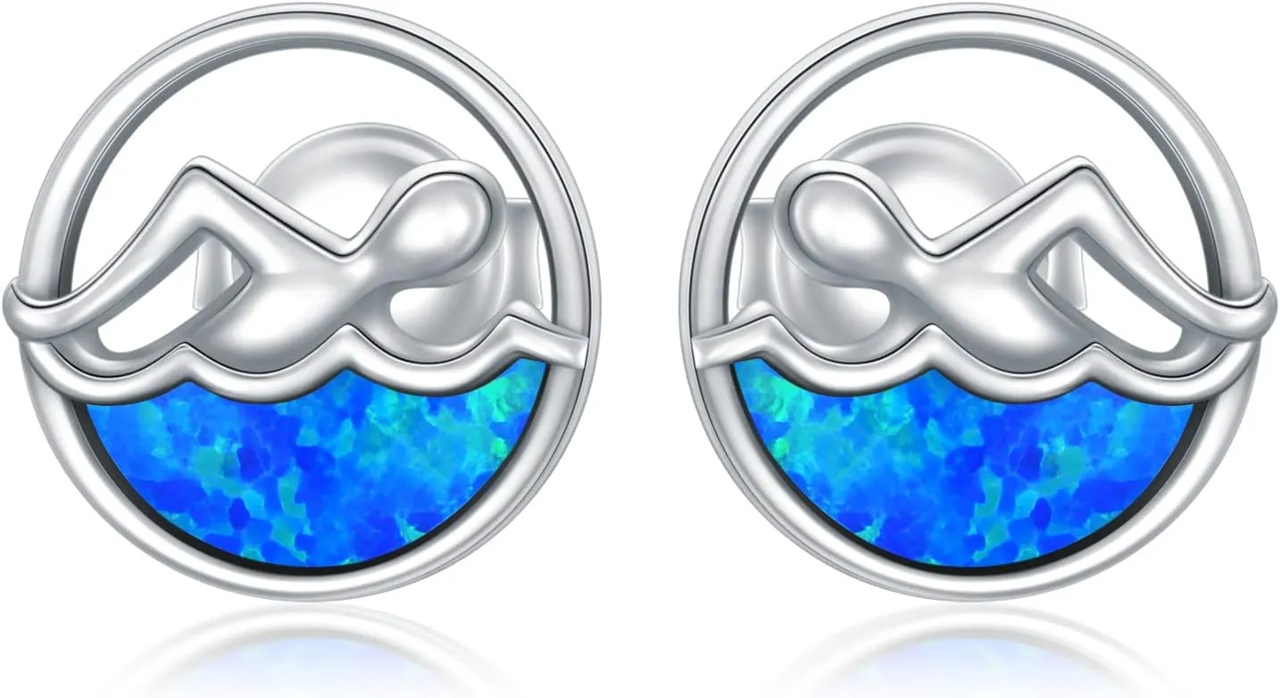 YAFEINI Opal Earrings Sterling Silver Swimming Stud Earrings Swim Jewelry for Women Swimmers