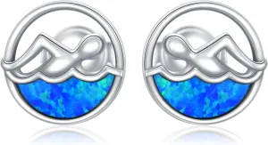 YAFEINI Opal Earrings Sterling Silver Swimming Stud Earrings Swim Jewelry for Women Swimmers