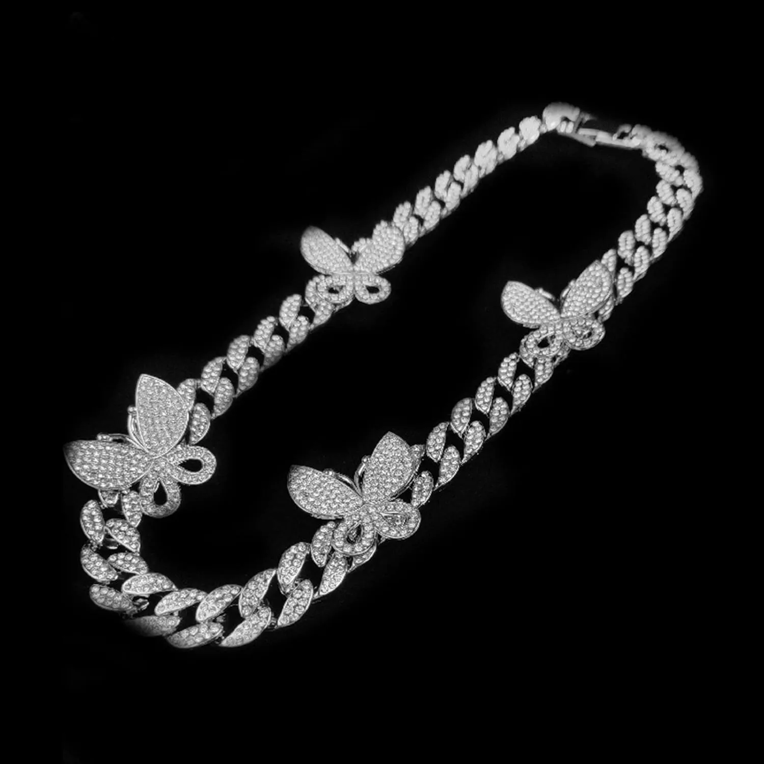 YBMYCM Butterfly Cuban Necklace Crystal Collars Cuban Link Chain Iced Bling Butterfly for Women Men Hip Hop Rapper Jewelry