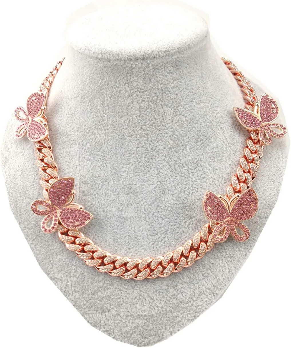 YBMYCM Butterfly Cuban Necklace Crystal Collars Cuban Link Chain Iced Bling Butterfly for Women Men Hip Hop Rapper Jewelry