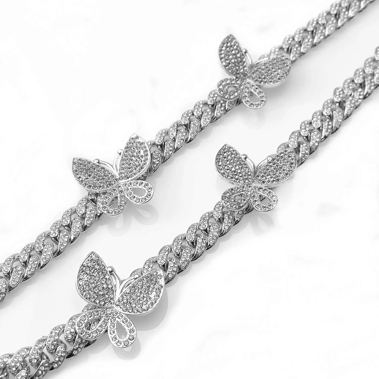 YBMYCM Butterfly Cuban Necklace Crystal Collars Cuban Link Chain Iced Bling Butterfly for Women Men Hip Hop Rapper Jewelry