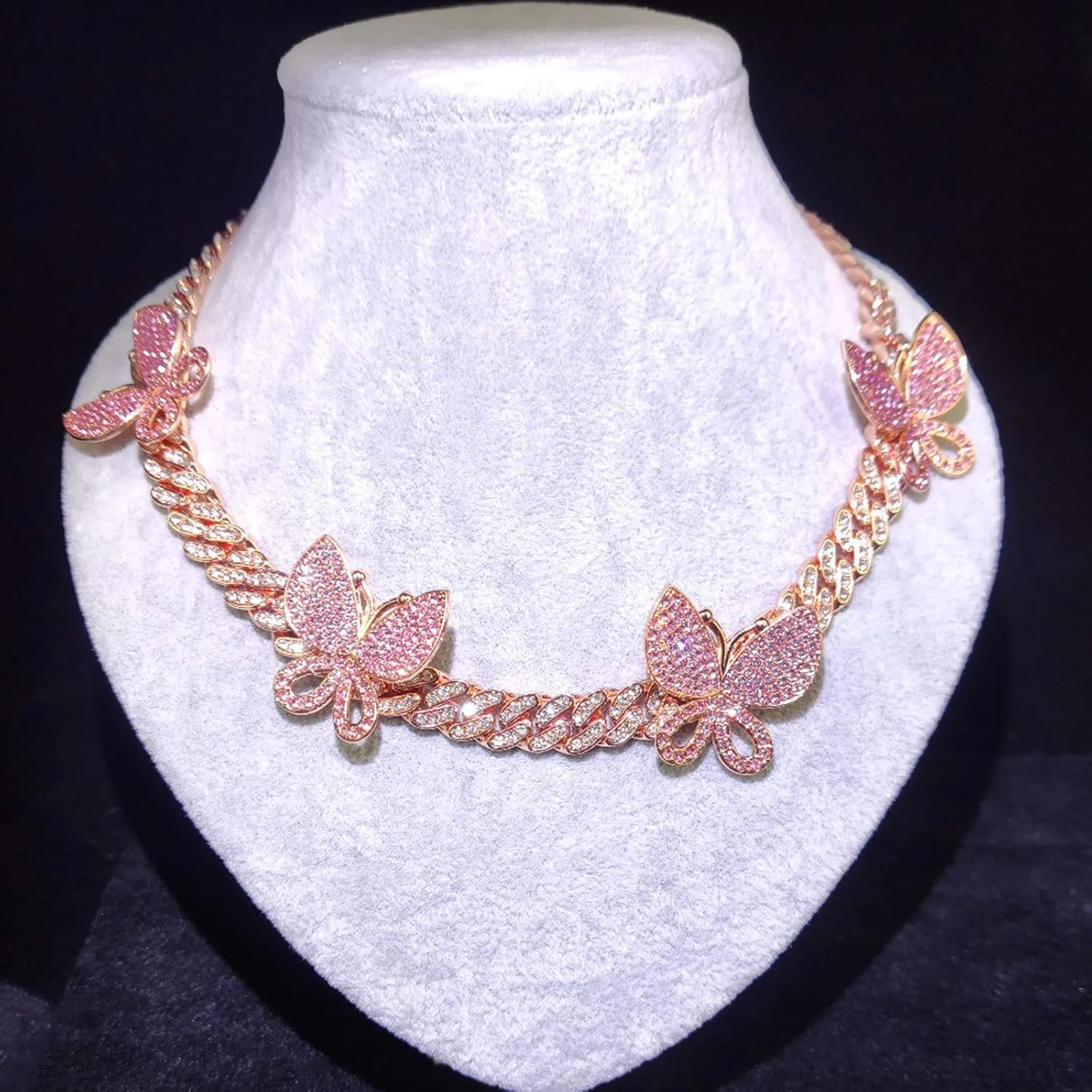 YBMYCM Butterfly Cuban Necklace Crystal Collars Cuban Link Chain Iced Bling Butterfly for Women Men Hip Hop Rapper Jewelry