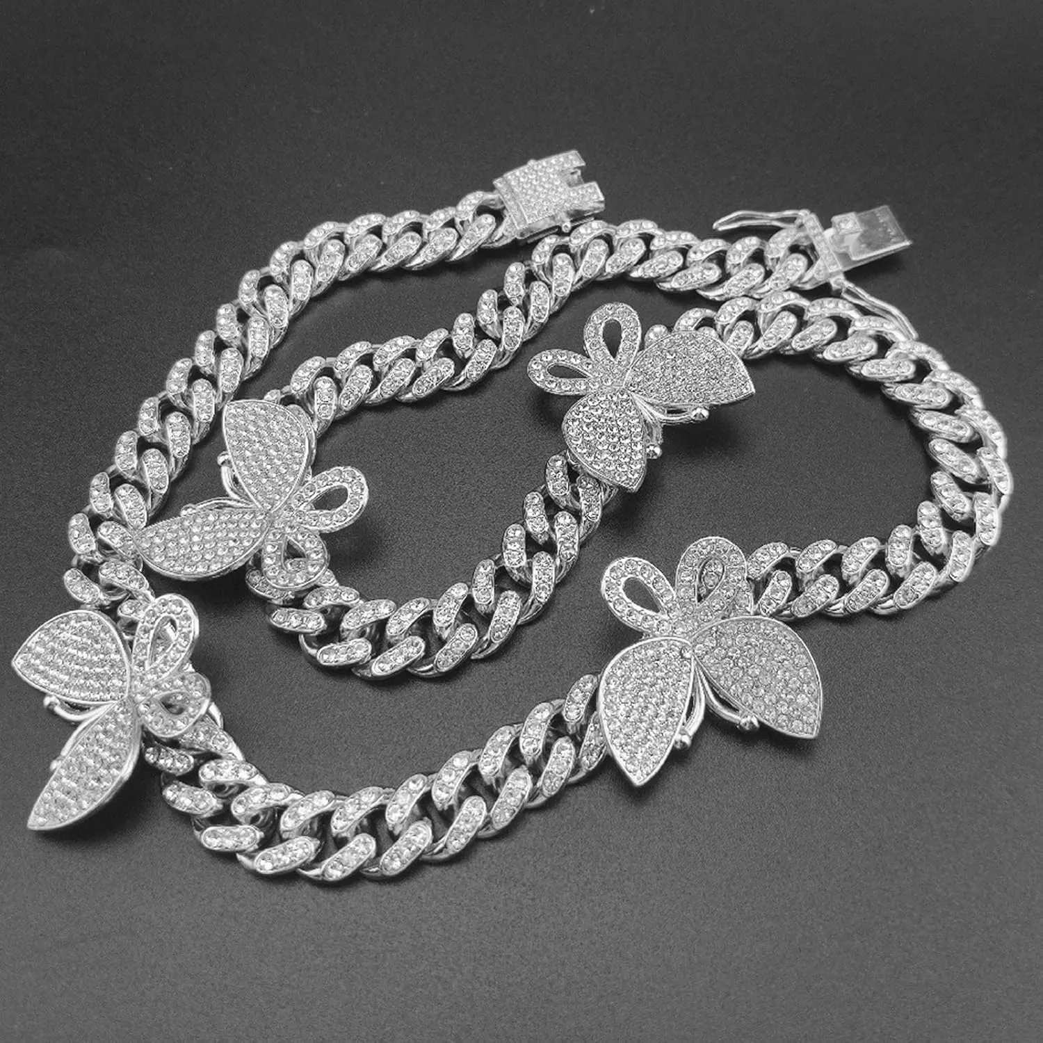 YBMYCM Butterfly Cuban Necklace Crystal Collars Cuban Link Chain Iced Bling Butterfly for Women Men Hip Hop Rapper Jewelry