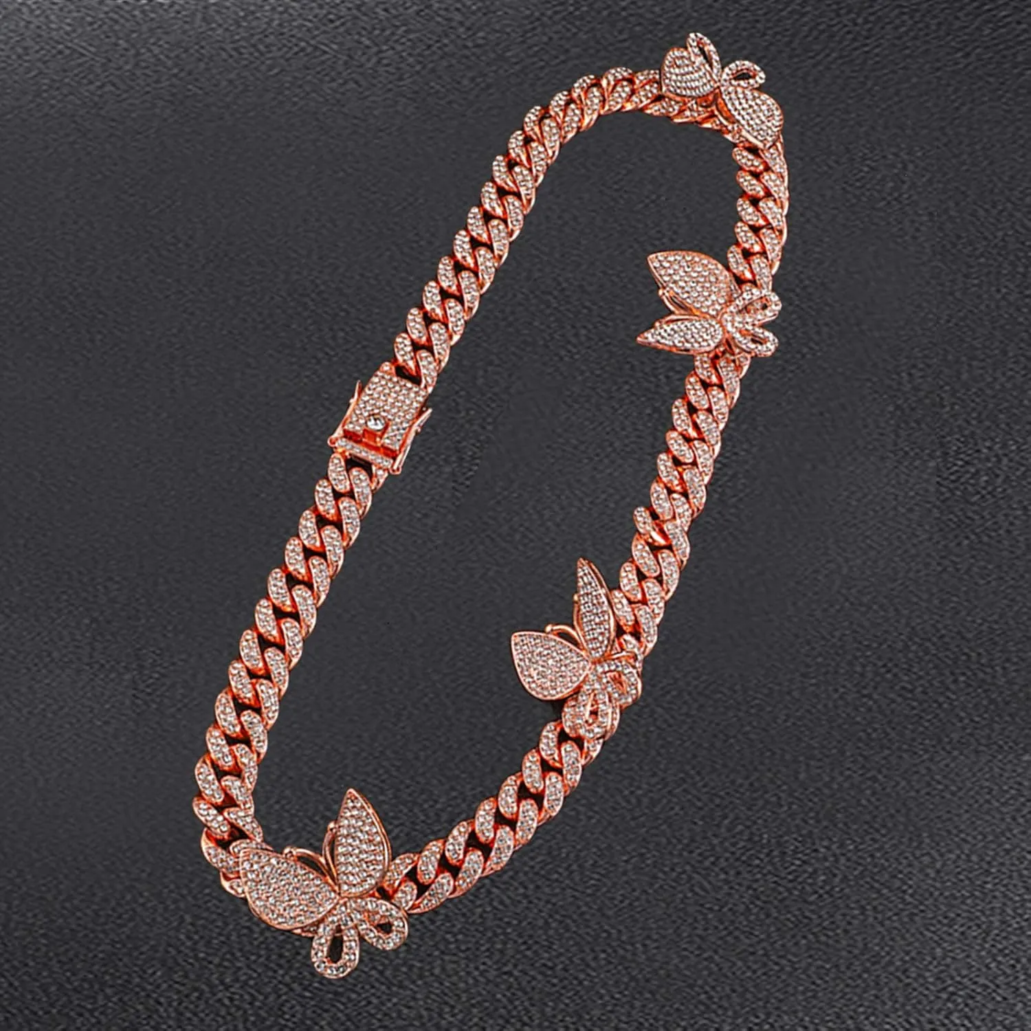 YBMYCM Butterfly Cuban Necklace Crystal Collars Cuban Link Chain Iced Bling Butterfly for Women Men Hip Hop Rapper Jewelry