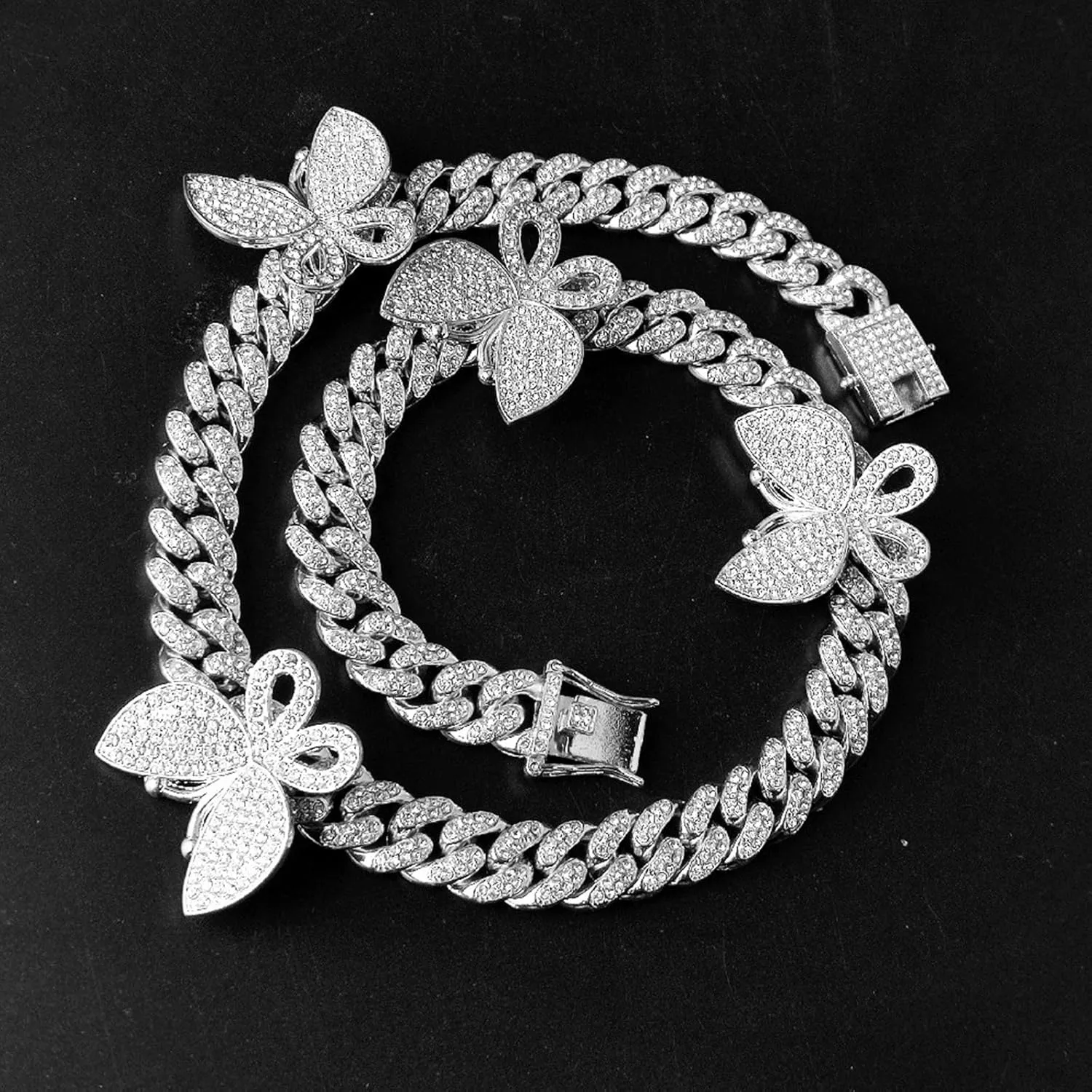 YBMYCM Butterfly Cuban Necklace Crystal Collars Cuban Link Chain Iced Bling Butterfly for Women Men Hip Hop Rapper Jewelry
