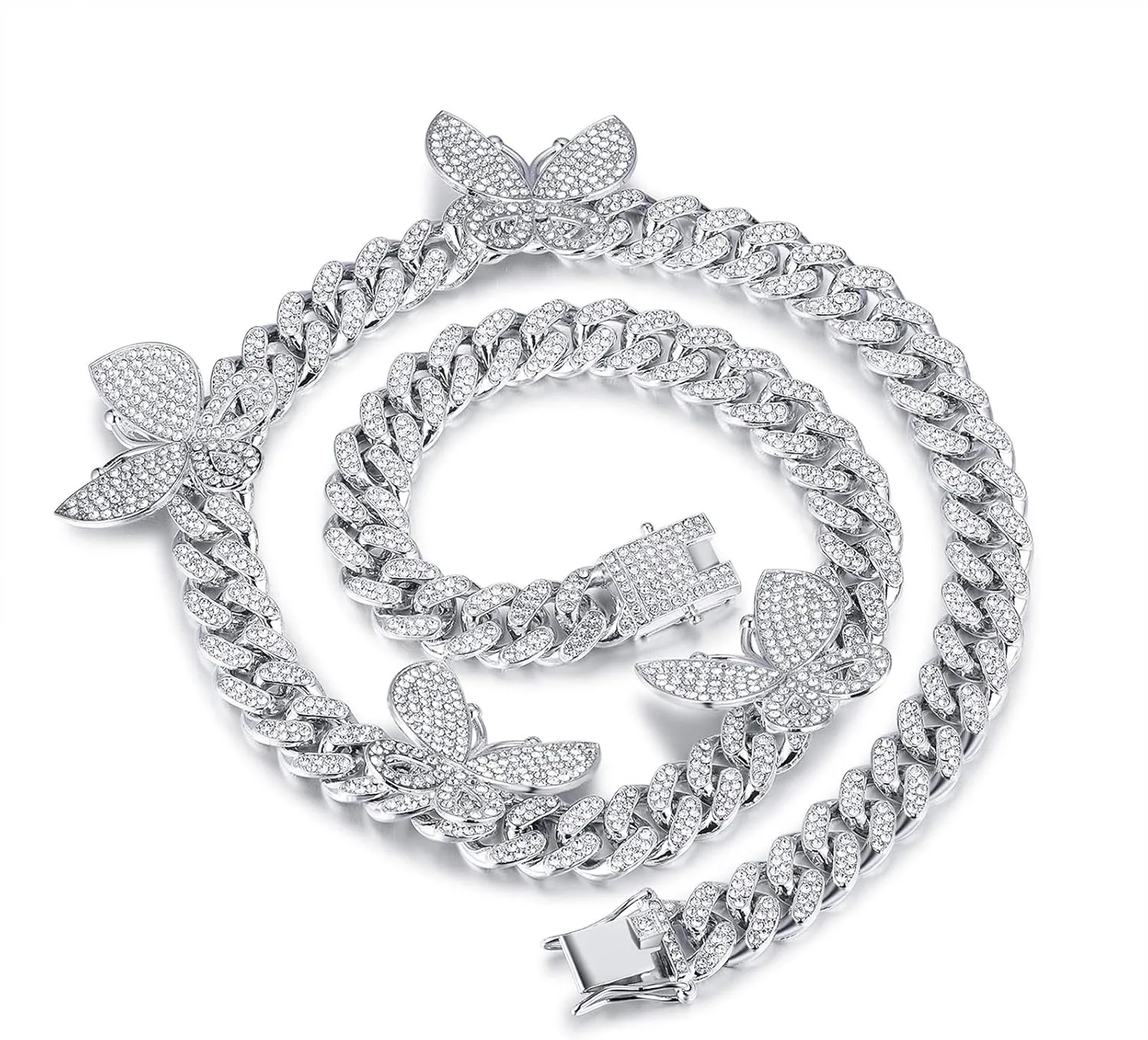 YBMYCM Butterfly Cuban Necklace Crystal Collars Cuban Link Chain Iced Bling Butterfly for Women Men Hip Hop Rapper Jewelry