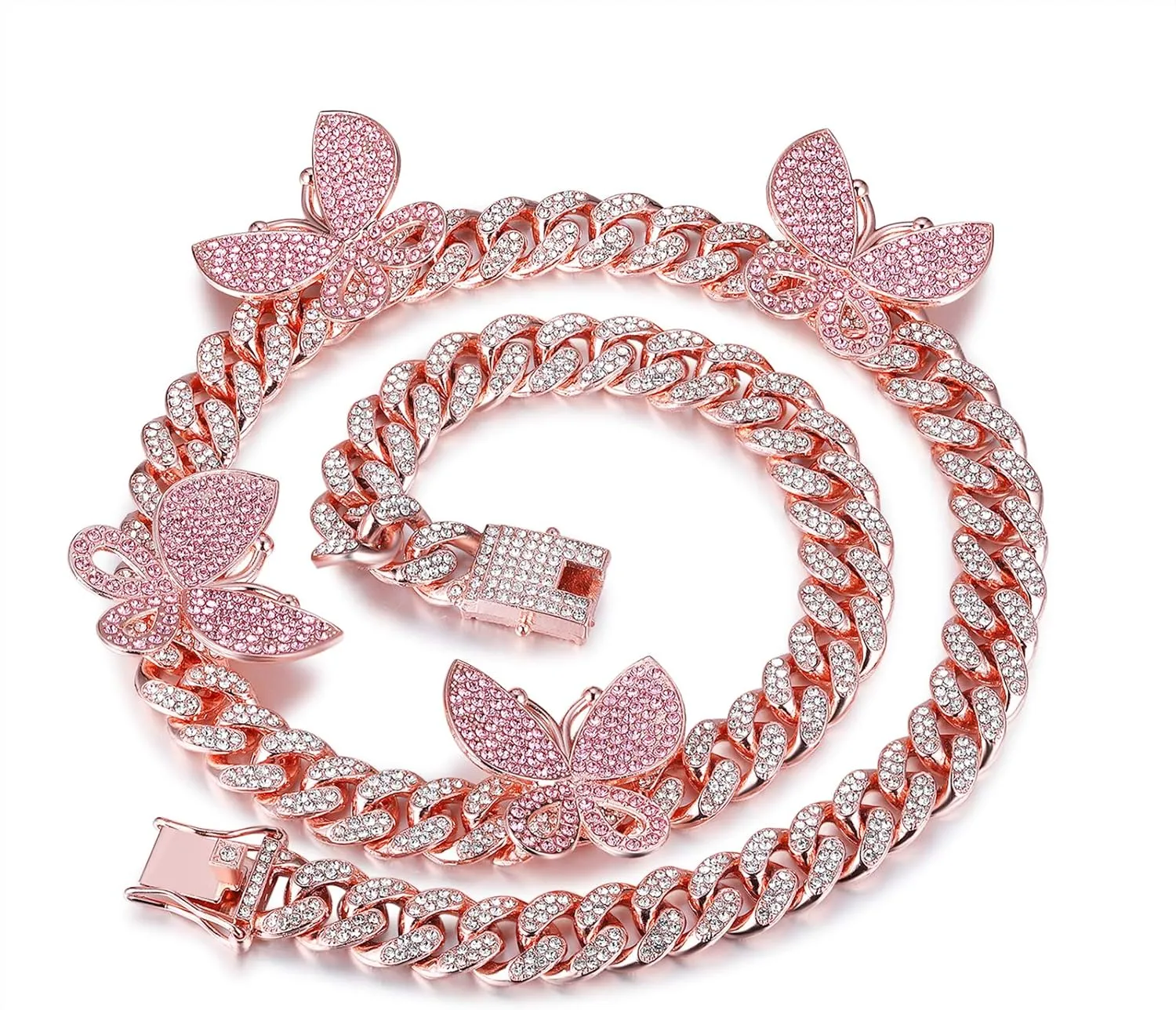 YBMYCM Butterfly Cuban Necklace Crystal Collars Cuban Link Chain Iced Bling Butterfly for Women Men Hip Hop Rapper Jewelry