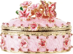 YU FENG Crystal Trinket Jewelry Boxes Hinged,Hand-Painted Pink Flower Butterfly Pattern Jeweled Box for Girls
