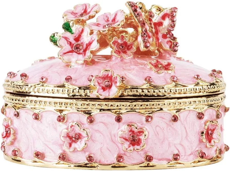 YU FENG Crystal Trinket Jewelry Boxes Hinged,Hand-Painted Pink Flower Butterfly Pattern Jeweled Box for Girls