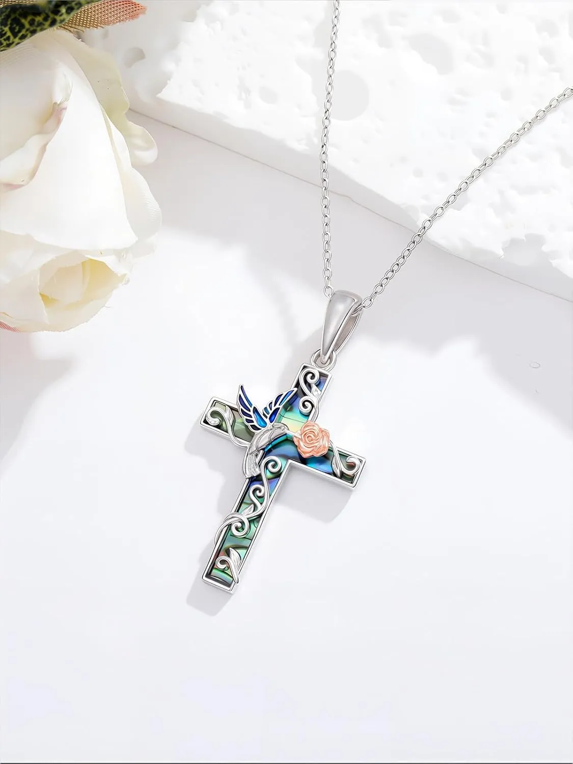 YYB Cross Necklace Sterling Silver Butterfly/Ladybug/Hummingbird/Dragonfly/Bee Abalone Shell Rose Cross Pendant for Women Religious Gift for Mom Grandma Wife Sister Her