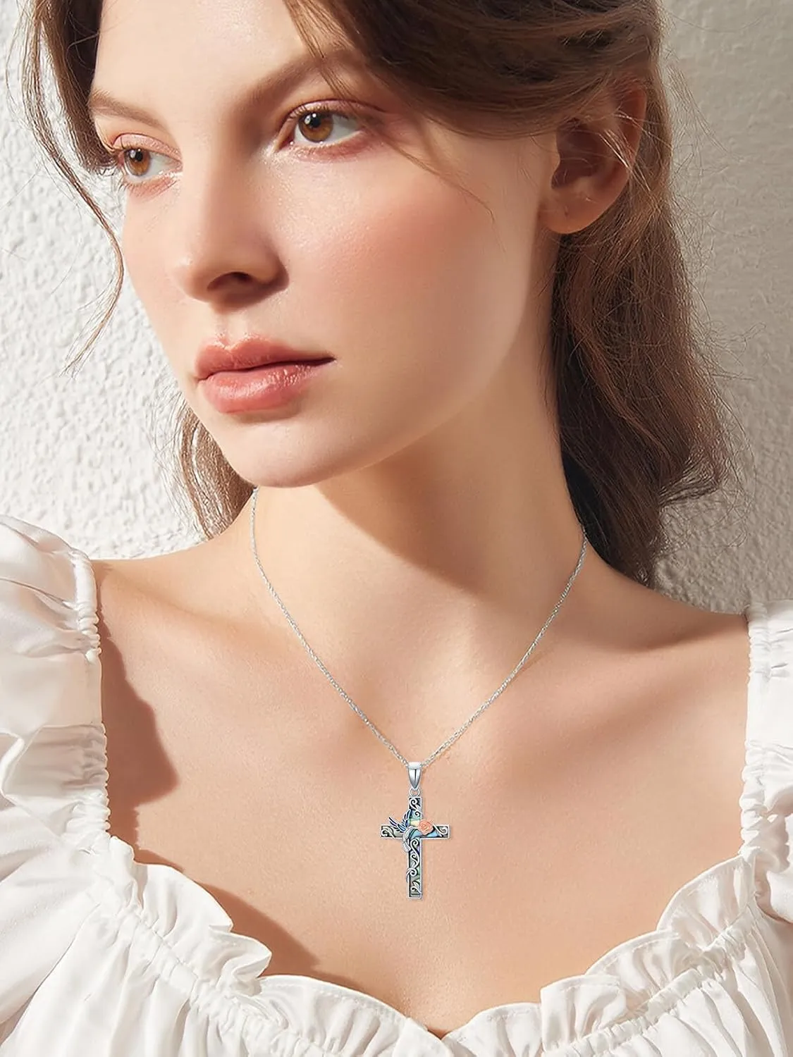 YYB Cross Necklace Sterling Silver Butterfly/Ladybug/Hummingbird/Dragonfly/Bee Abalone Shell Rose Cross Pendant for Women Religious Gift for Mom Grandma Wife Sister Her