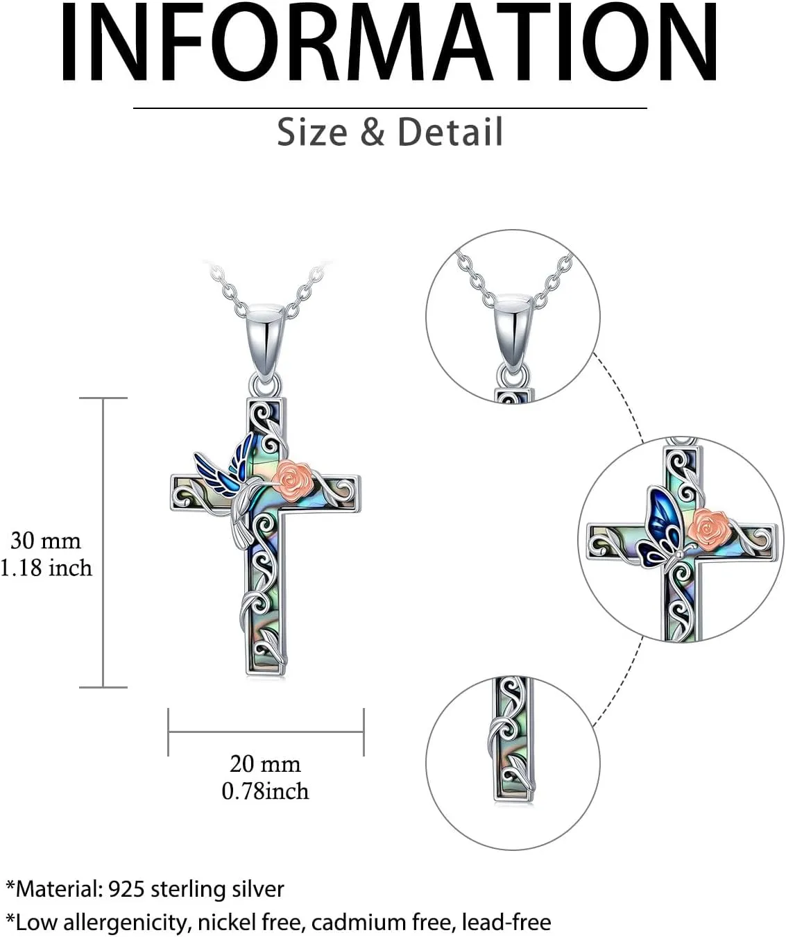 YYB Cross Necklace Sterling Silver Butterfly/Ladybug/Hummingbird/Dragonfly/Bee Abalone Shell Rose Cross Pendant for Women Religious Gift for Mom Grandma Wife Sister Her