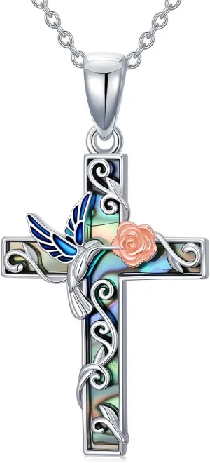YYB Cross Necklace Sterling Silver Butterfly/Ladybug/Hummingbird/Dragonfly/Bee Abalone Shell Rose Cross Pendant for Women Religious Gift for Mom Grandma Wife Sister Her