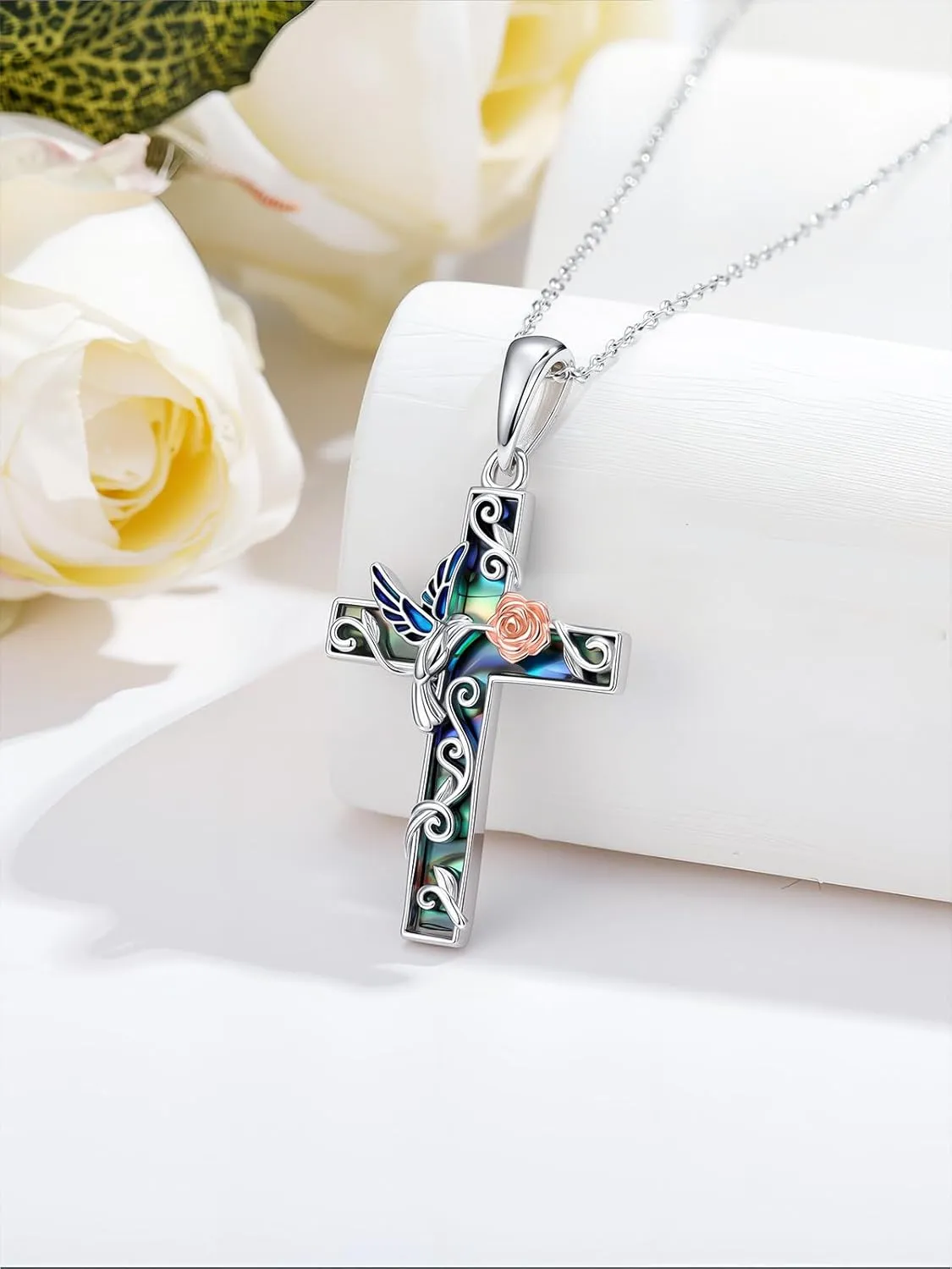 YYB Cross Necklace Sterling Silver Butterfly/Ladybug/Hummingbird/Dragonfly/Bee Abalone Shell Rose Cross Pendant for Women Religious Gift for Mom Grandma Wife Sister Her